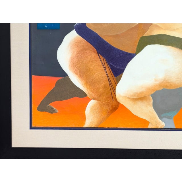 Phyllis Steele Modern Colorful Pastel Drawing of a Pair of Sumo Wrestlers in Blue and Green, 20th Century For Sale - Image 9 of 12