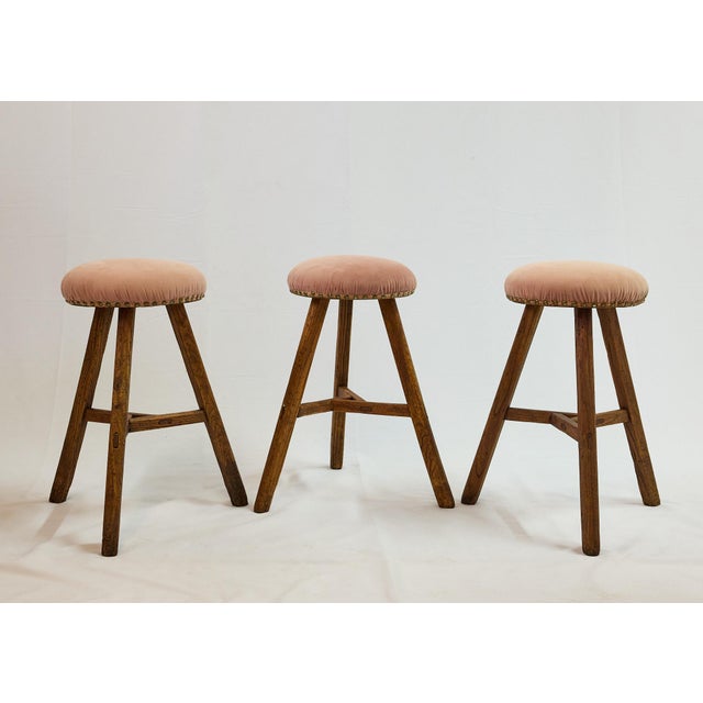 Rustic Set of 3 Italian Splay Leg Stools With Pink Upholstered Seats For Sale - Image 3 of 12