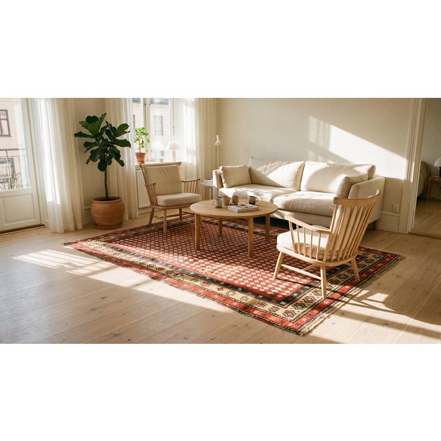 1880s Red Checkerboard W. Antique Persian Kurdish Rug 3'9"x6'10" Handknotted Wool Carpet For Sale - Image 9 of 9