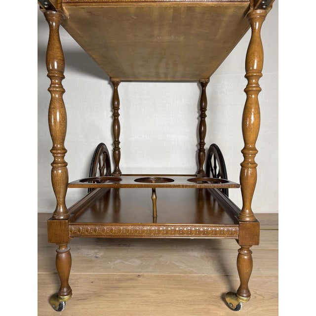 Mid-Century Modern Spanish Wooden Bar Cart with Turned Legs and Bottle Holder, 1940 For Sale - Image 12 of 14