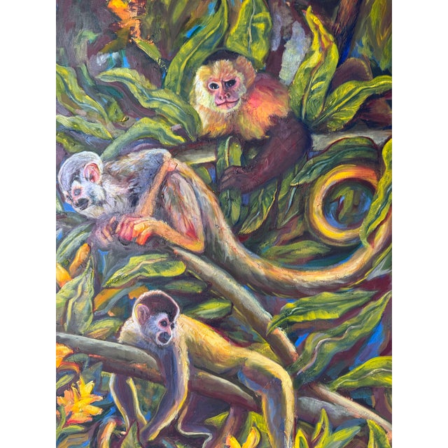 2001 Carlotta Colorful Jungle Wildlife Scene Oil on Board Painting, Signed For Sale - Image 9 of 12