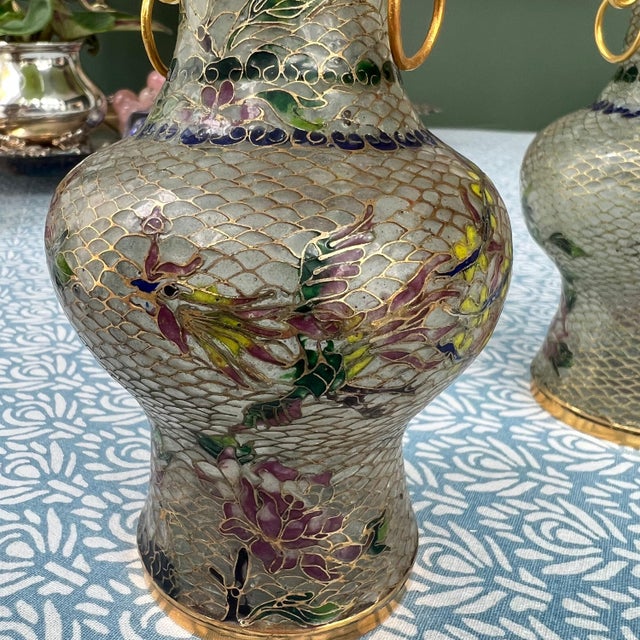 Pair of antique Plique-a-jour cloisonne vases with colorful transparent enamel // Chinoiserie // enamelware // enameled // Asian art For Sale - Image 4 of 10