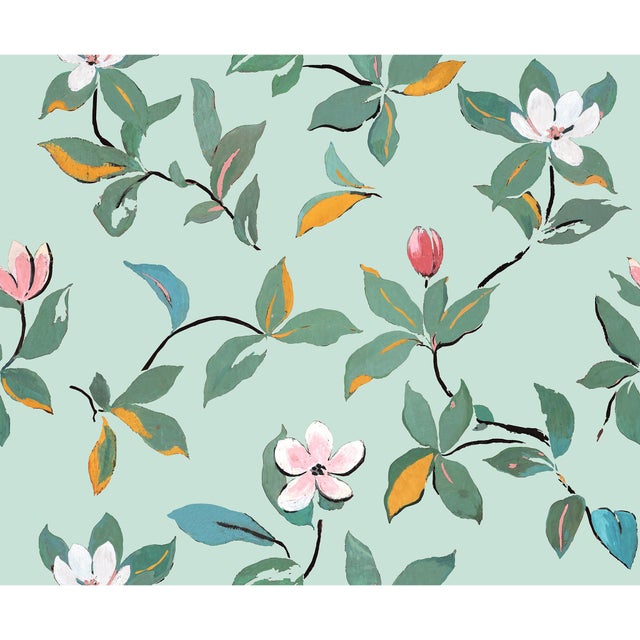 Magnolias Wallpaper by Paule Marrot in Pale Green For Sale