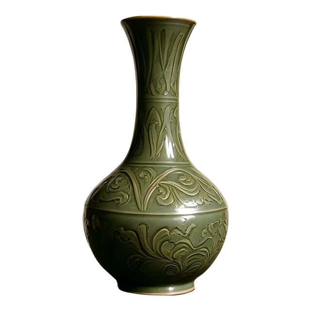 Chinese Ceramic Vase Yaozhou Ware Celadon Vase Hand Carved Flowers Pattern For Sale