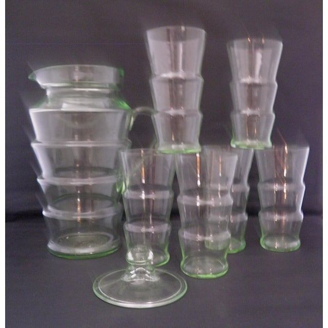 Green Antique Art Deco Dunbar Green Uranium Glass Pitcher 6 Tumblers Large 8pc Set For Sale - Image 8 of 18