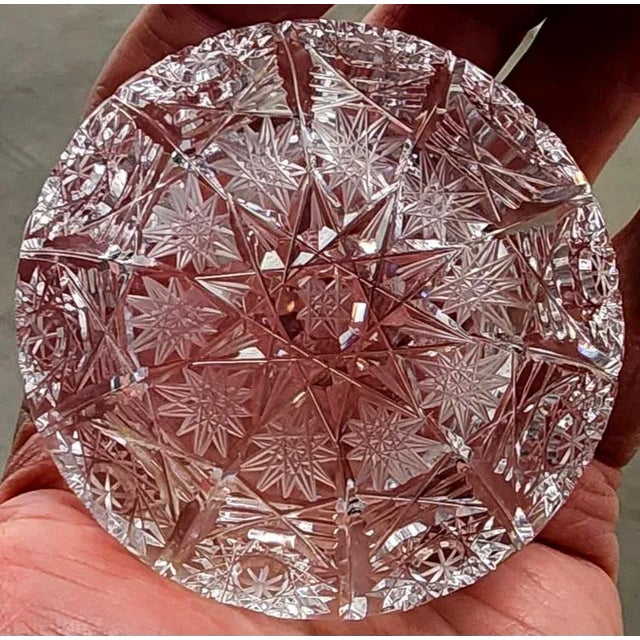 Wood Beautiful Vintage Intricately Cut Fine Crystal Small Round Bowl. For Sale - Image 7 of 13