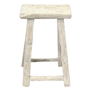 Rustic Raw Rough Wood Grain Rectangle Slim Stool Bench Side Table For Sale
