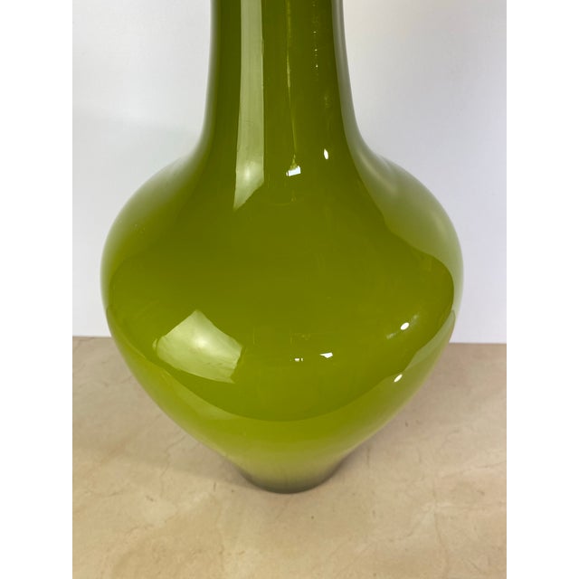 Mid-Century Modern Vintage Mid-Century Italian Empoli-Style Cased Glass Bottle Vase in Olive Green For Sale - Image 3 of 9