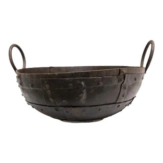 Vintage Round Hand Hammered Metal Bowl W/ Two Handles For Sale