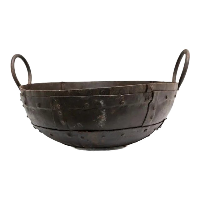 Vintage Round Hand Hammered Metal Bowl W/ Two Handles For Sale