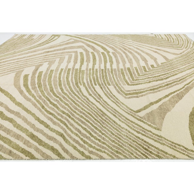 2020s Contemporary Abstract Geometric Wool Area Rug – Olive Green & Cream Modernist For Sale - Image 5 of 12