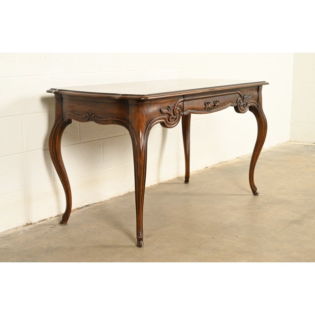 French Provincial Tomlinson Furniture French Provincial Louis XV Carved Walnut Writing Desk | Circa 1950s For Sale - Image 3 of 14