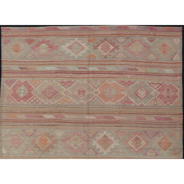 Tan Colorful Vintage Embroidered Kilim With Stripes and Alternating Geometric Motifs 6'9 X 9'3 For Sale - Image 8 of 13