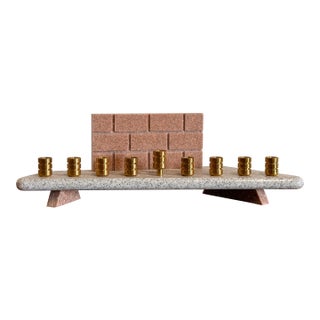 Vintage Stone and Brass Hanukkah Menorah With Western Wall Design For Sale