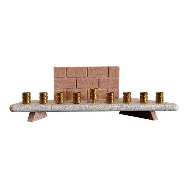 Vintage Stone and Brass Hanukkah Menorah With Western Wall Design For Sale