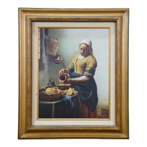 Vintage 1983 Kitchen Maid Milkmaid Print on Board After Johannes Vermeer 20", Framed