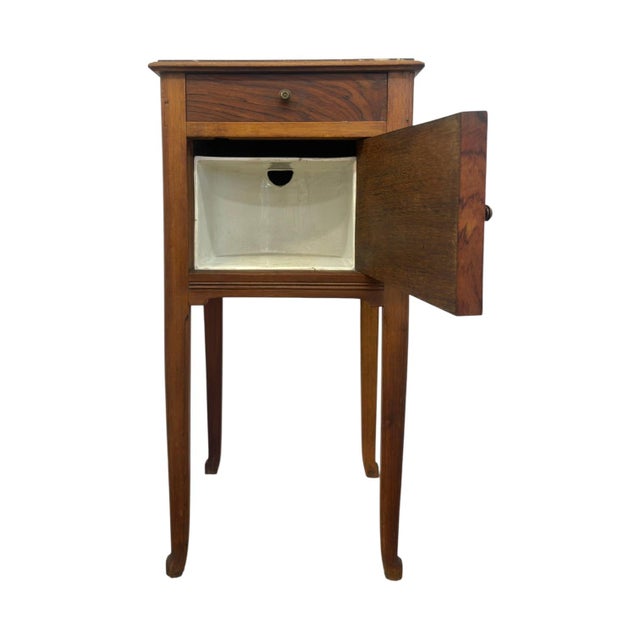 Brown Antique Marble-Top Wooden Nightstand / Bedside Cabinet With Porcelain Interior & Inlaid Accent. For Sale - Image 8 of 10