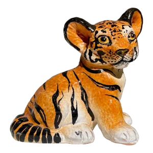 Vintage Italian Hand Painted Ceramic Tiger Cub Statue