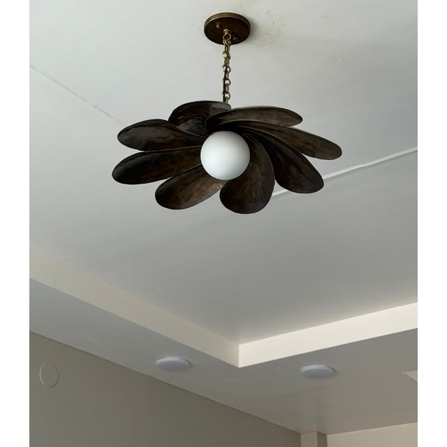 Handmade Black Antique Brass Finish Pendant Light, Floral Metal Ceiling Light, Milk Glass Globe, Vintage Home Decor For Sale - Image 13 of 13