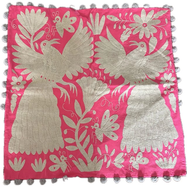 Bright Pink Mexico Otomi Hand Embroidered Pillow Covers With Tassels a Pair For Sale - Image 8 of 9