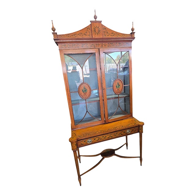 Early 20th Century Sheraton-Style Painted Glass Display Cabinet on Stand – 2 Piece For Sale