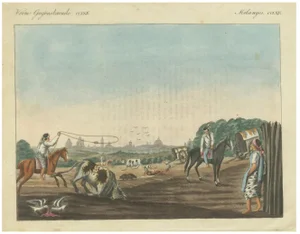 Bertuch, Gauchos Lassoing Cattle in Buenos Aires, Argentina, 1823, Coloured Engraving