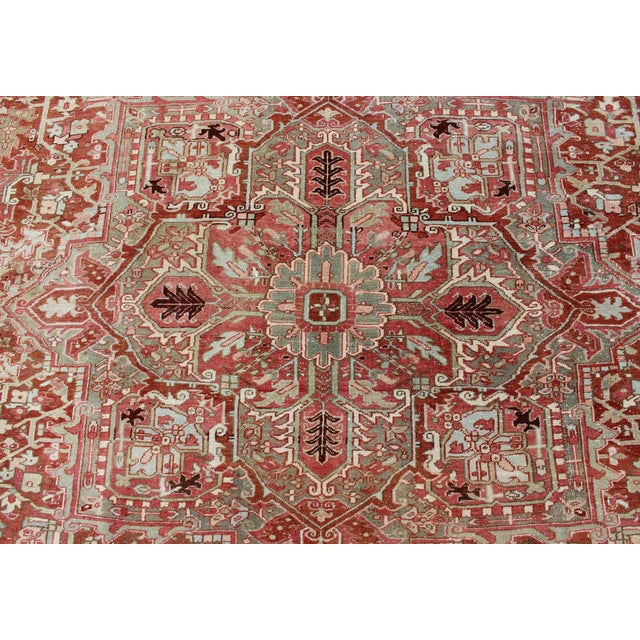 Gray Green, Taupe Border, Soft Red Heriz With Geometric Medallion 11'6 X 14'5 For Sale - Image 11 of 16