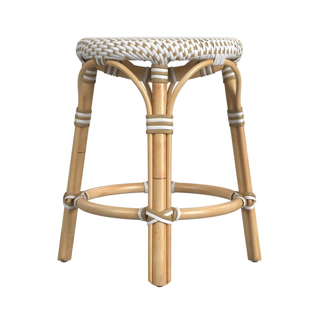 2020s Tobias 18 in. Seat Height Round Rattan Dining Stool, White/Tan Dot / Natural Rattan Frame For Sale - Image 5 of 7