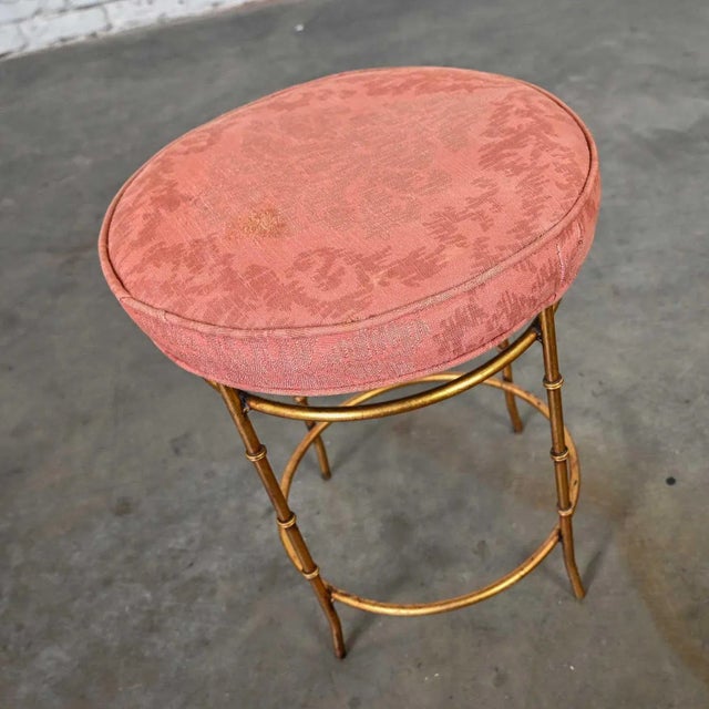 Metal Mid-20th Century Italian Style Round Stool With Rose Damask Seat & Gilt Metal Faux Bamboo Legs For Sale - Image 7 of 13
