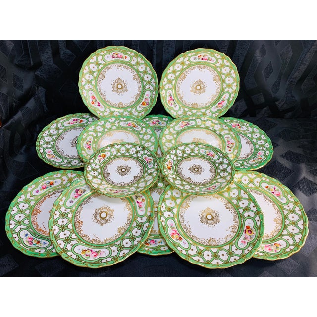Early 19th Century Rare Green and Gold Floral Davenport Longfort Staffordshire Plates - Set of 14 For Sale - Image 9 of 11