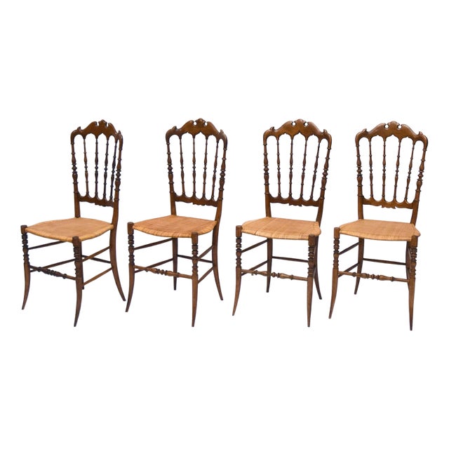 Chiavarina Chairs in Cherry Wood with Straw Seat, 1920s, Set of 4 For Sale