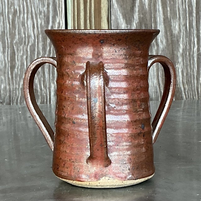 Boho Chic Vintage Boho 3 Handle Studio Pottery Vase For Sale - Image 3 of 4