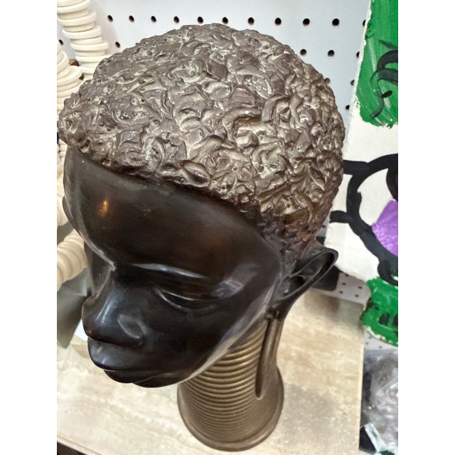 Vintage Nubian Bronze African Head Sculpture For Sale - Image 4 of 7