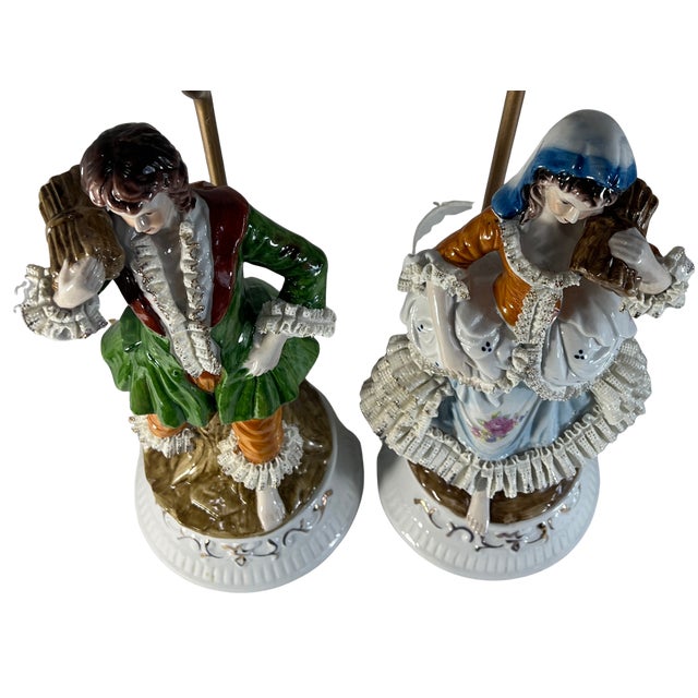 Ceramic Vintage Porcelain Figural Lamp Young Man & Woman- A Pair For Sale - Image 7 of 16