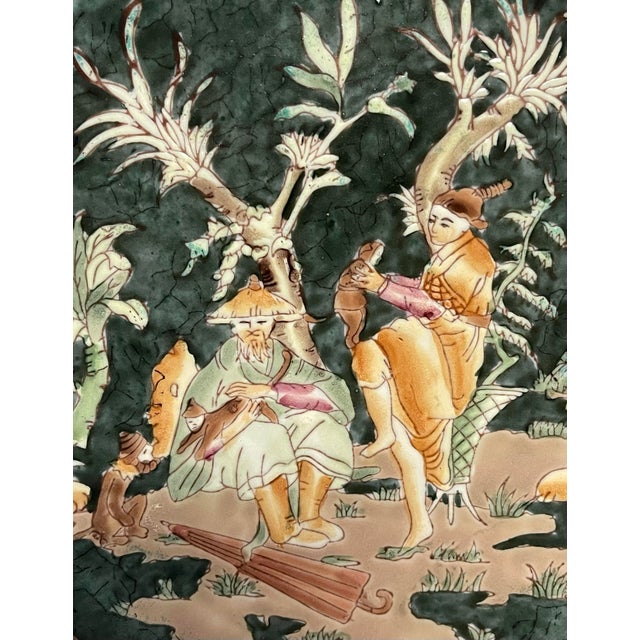 Vintage Scenic Asian Green Plate For Sale - Image 4 of 5