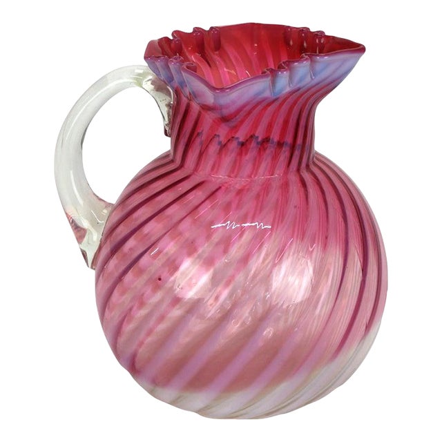 Cranberry & Opalescent Swirled Glass Juice Pitcher With Ruffled Rim 20thC For Sale