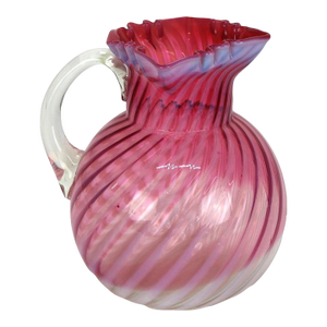 Cranberry & Opalescent Swirled Glass Juice Pitcher With Ruffled Rim 20thC