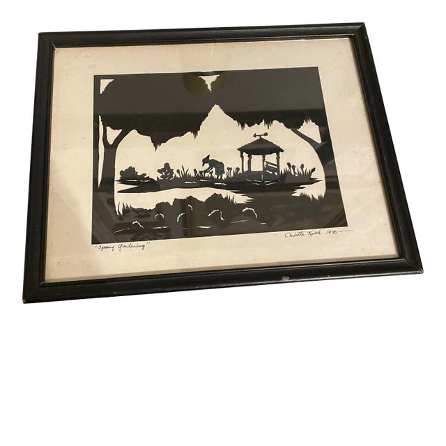 1990s Woman Gardening Silhouette in Black Frame For Sale