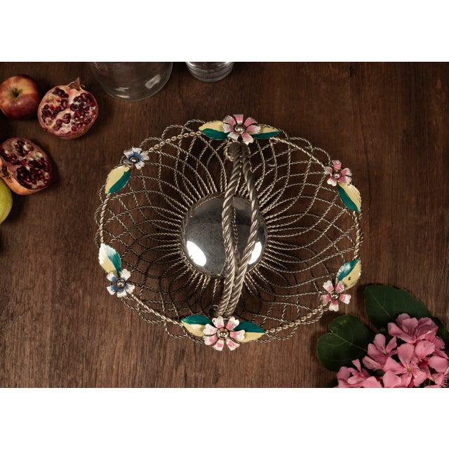 Mid-Century Modern Hollywood Regency Wire Basket with Floral Decor, 1950s For Sale - Image 3 of 10