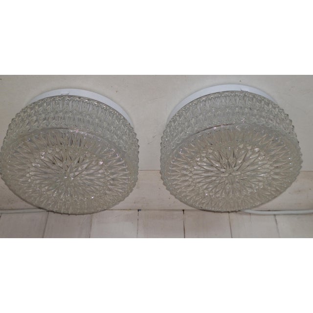 Vintage Ceiling Lamps in White Metal Mounting and Relief Shade and Clear Crystal Glass by Sonlux, 1990s, Set of 2 For Sale - Image 4 of 8