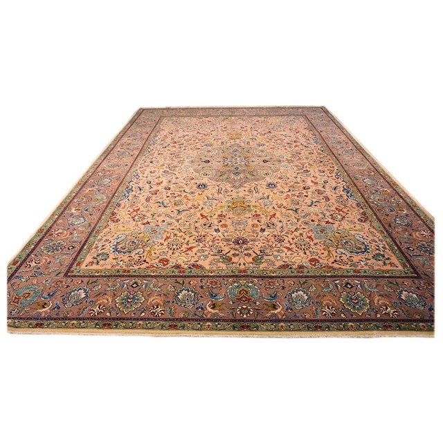 Condition: Antique Circa: 1930s Origin: Persia Design: Tabriz Actual size: 9'7" x 12'10" Thickness: 1/4 In. Color: Salmon,...