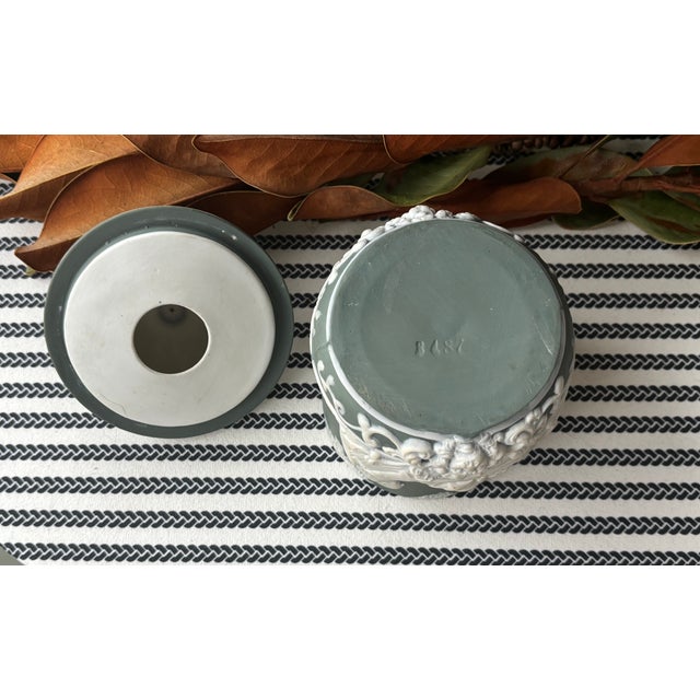Antique Schafer & Vater Matte Sage Green & White Applied Relief Jasperware Style Lidded Jar For Sale - Image 10 of 10