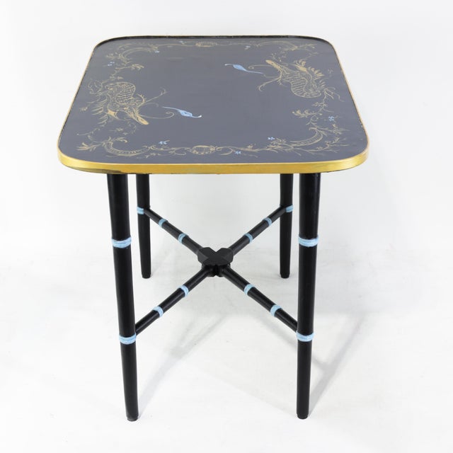 Black Pair of Vintage Black Lacquer Chinoiserie Side Tables With Gilt Peacock Motif For Sale - Image 8 of 16