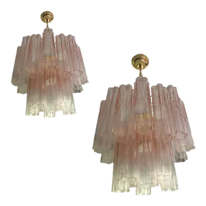 Contemporary Pink Murano Glass Style Tronchi Venini Chandeliers - a Pair