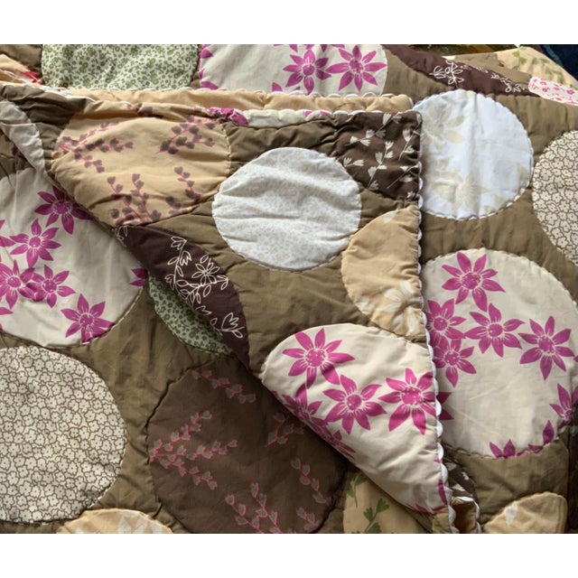 Hippie-Chic Japanese Cotton Medallion Quilt — Chocolate Brown & Pink Floral Circles, Hand Quilted, 66x88P For Sale - Image 12 of 18