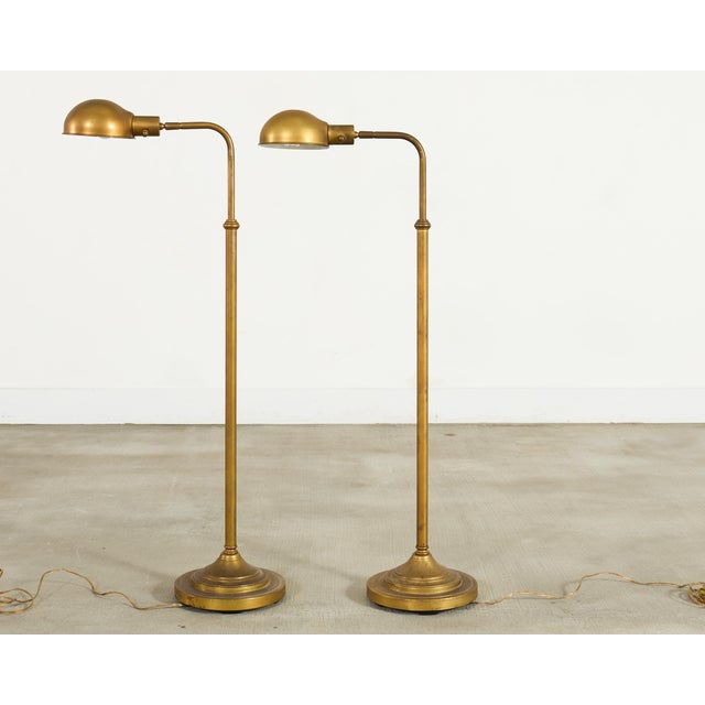Mid-Century Modern Pair of Patinated Brass Adjustable Pharmacy Floor Lamps For Sale - Image 3 of 16