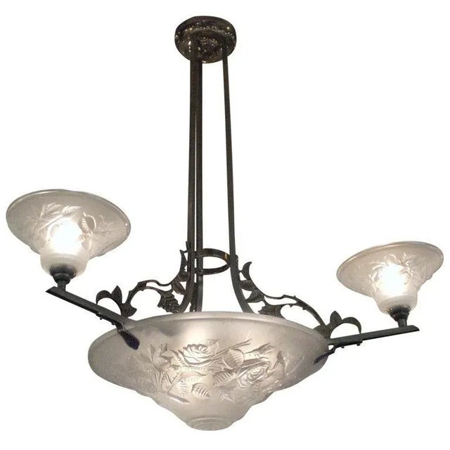 French Art Deco Frosted Art Glass Chandelier Signed Maynadier For Sale - Image 13 of 13