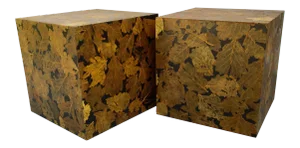 Mid-Century Modern Leaf Decoupage Cube Tables - a Pair