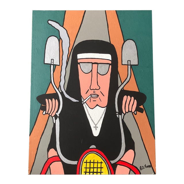Contemporary Original b.d. Floyd Folk Art Painting “Biker Smoking Nun” For Sale