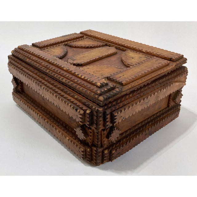 Wood Large Antique Tramp Art Storage Box For Sale - Image 7 of 12